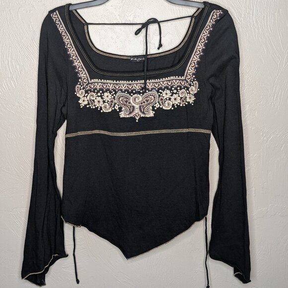 Fang Womens Black Beige Whimsygoth Boho Hippie Bell Sleeve Tie Back Y2K Top - Picture 1 of 8